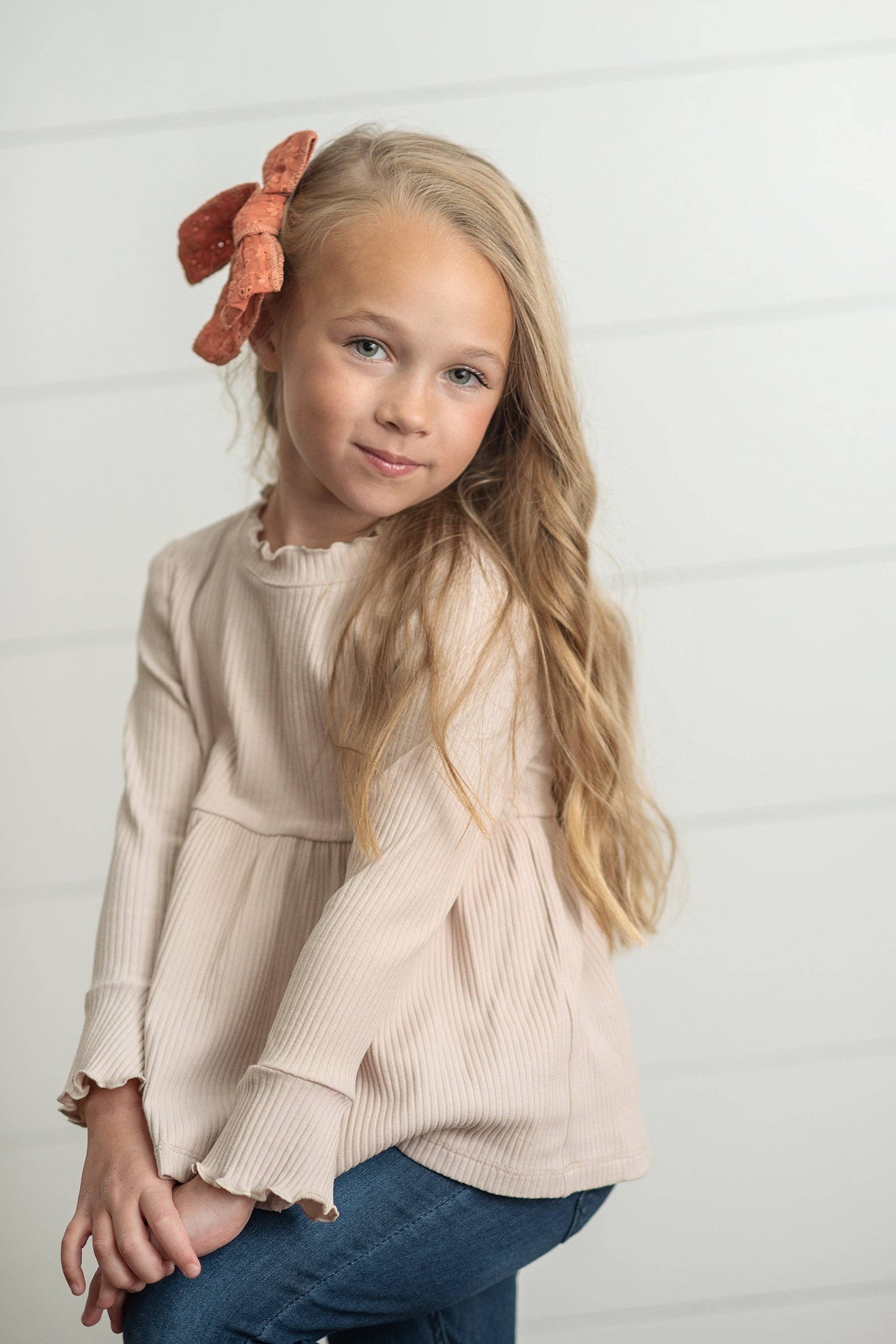 Kids Beige Ecru Long Sleeve Lettuce Trim Ribbed Fall Shirt