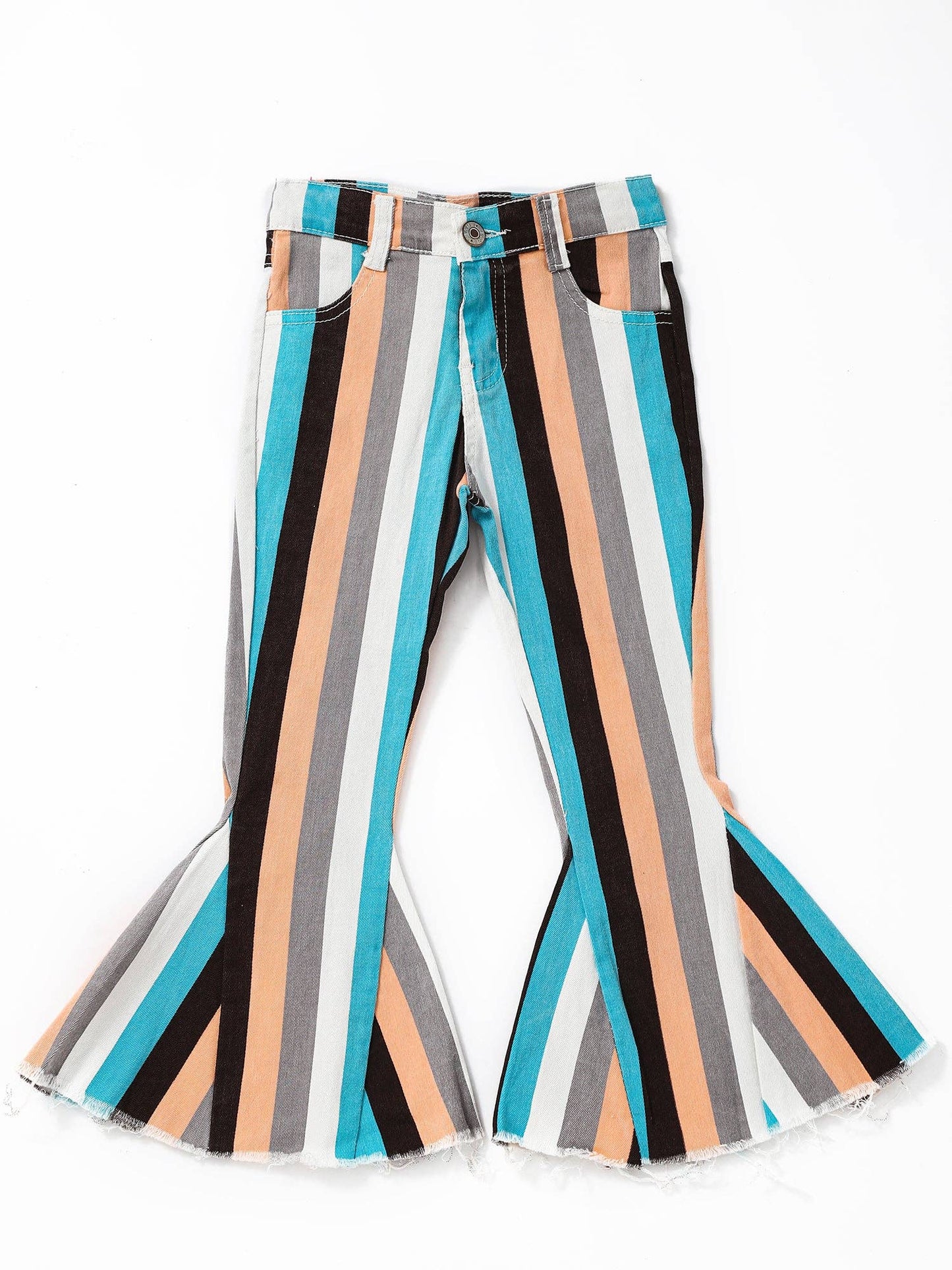 Blue Grey Stripe Girls Flare Jeans