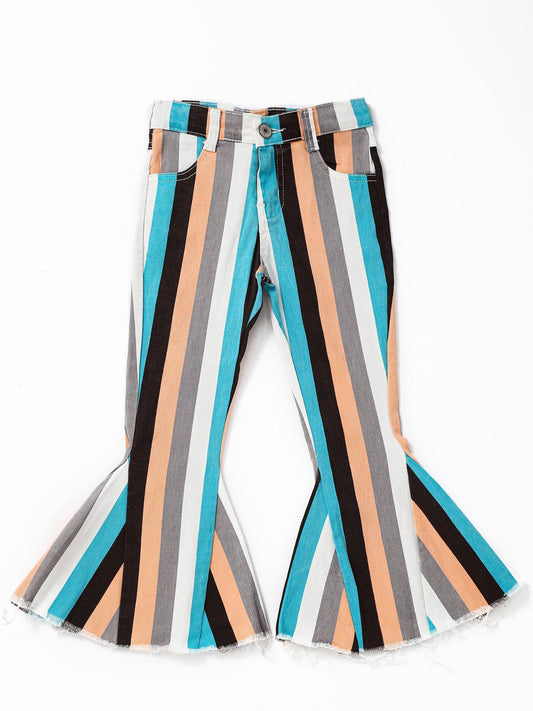 Blue Grey Stripe Girls Flare Jeans