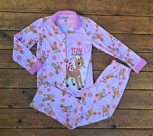 Rudolph Girls Button Down Pajama Set-10/11
