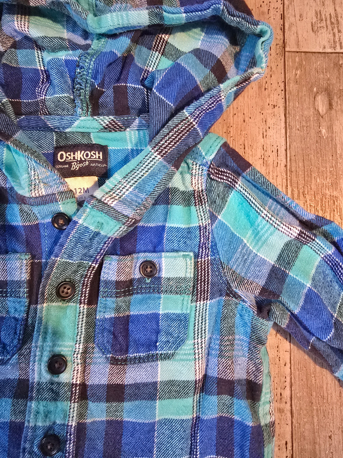 OshKosh Boys Hooded Plaid Flannel Shirt - 12M