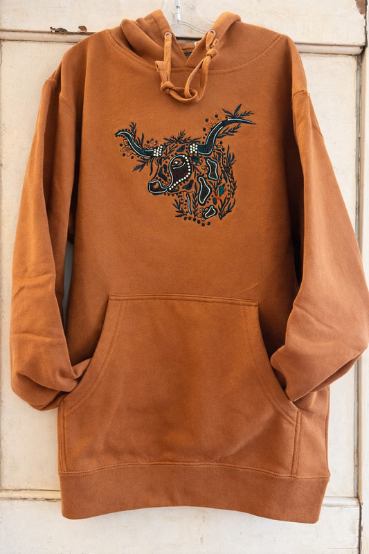 Prairie Bloom Longhorn Hoodie - Saddle Brown