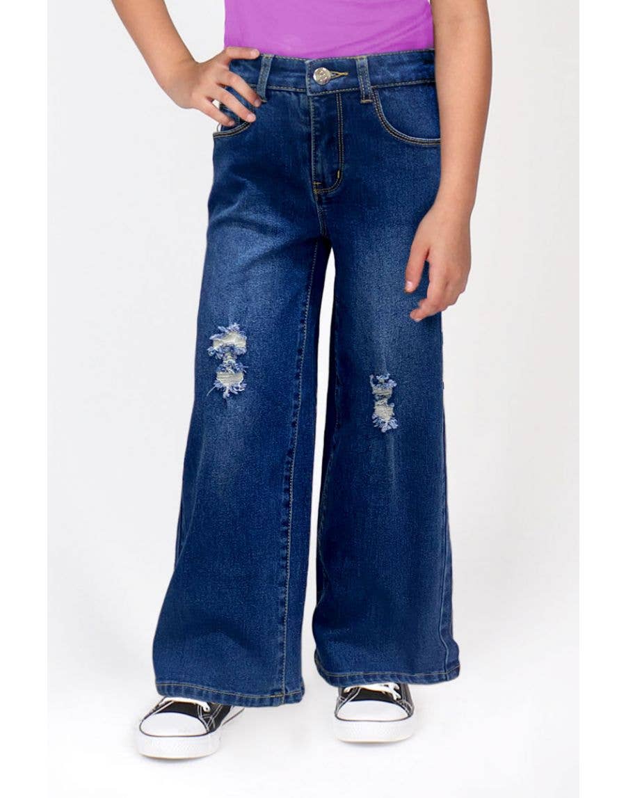 GDP-23-89137A Girl Wide Leg Denim Jeans w/ Distress