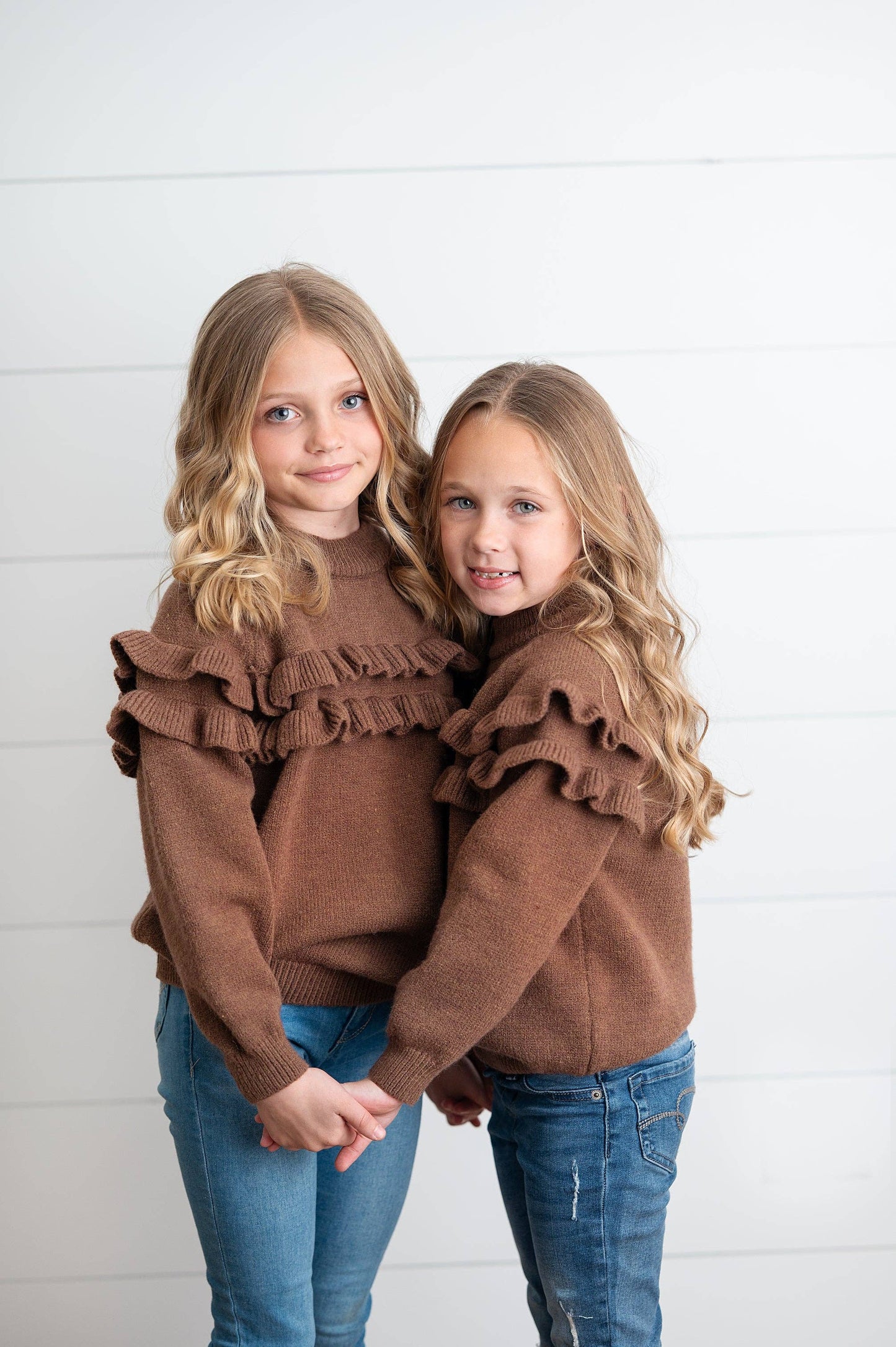 Kids Chocolate Double Ruffle Crew Neck Fall Winter Sweater