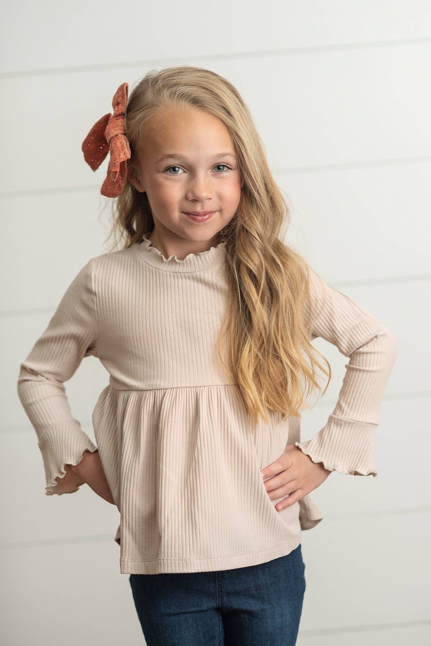 Kids Beige Ecru Long Sleeve Lettuce Trim Ribbed Fall Shirt