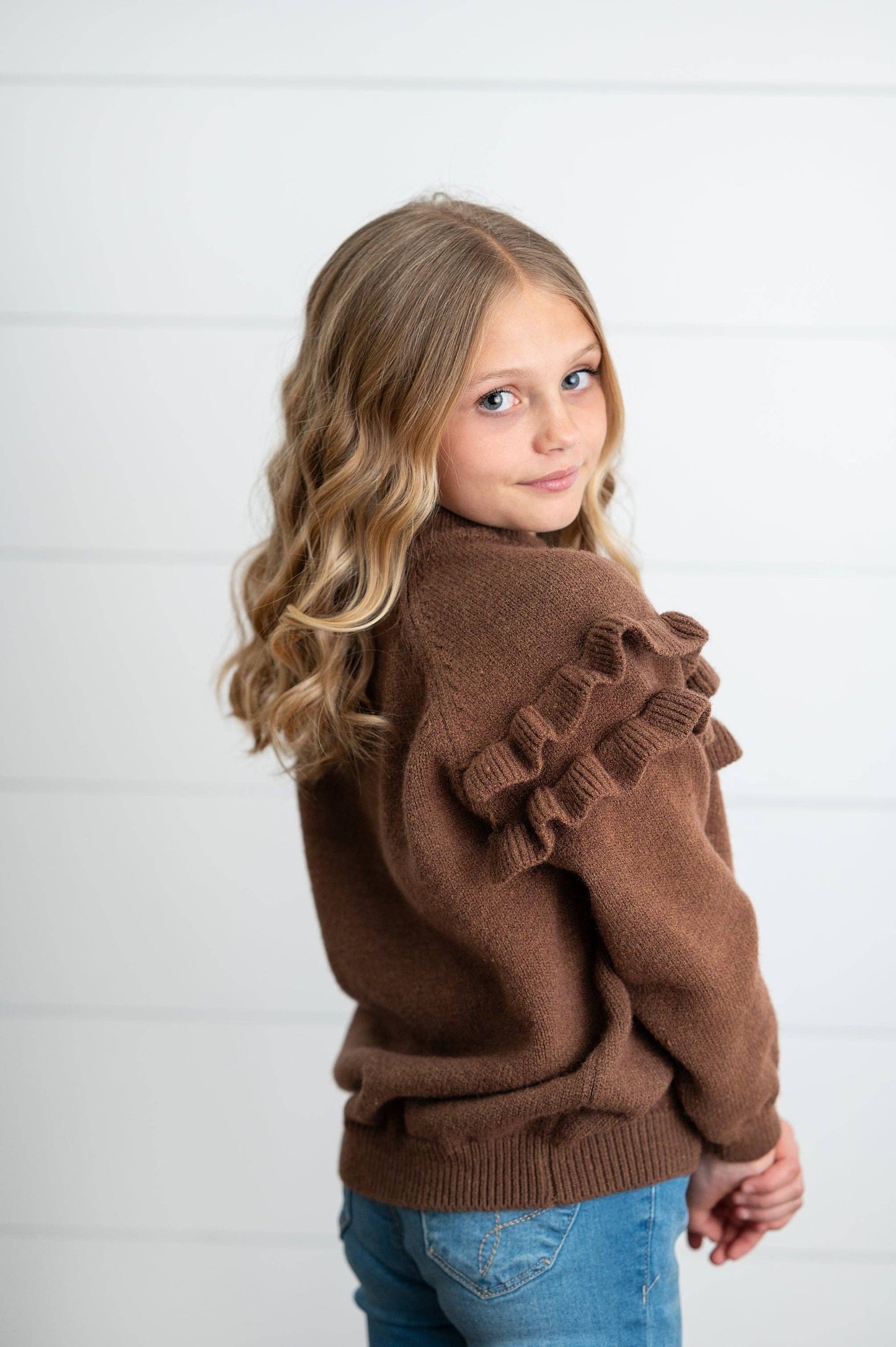 Kids Chocolate Double Ruffle Crew Neck Fall Winter Sweater