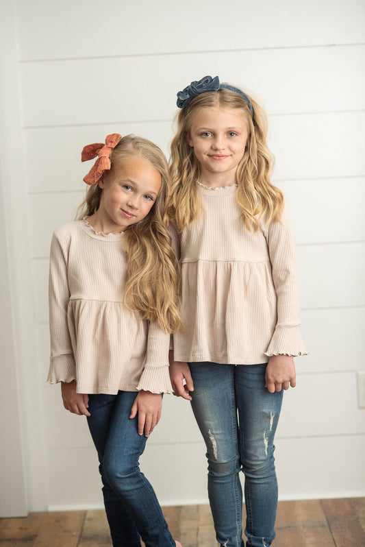 Kids Beige Ecru Long Sleeve Lettuce Trim Ribbed Fall Shirt