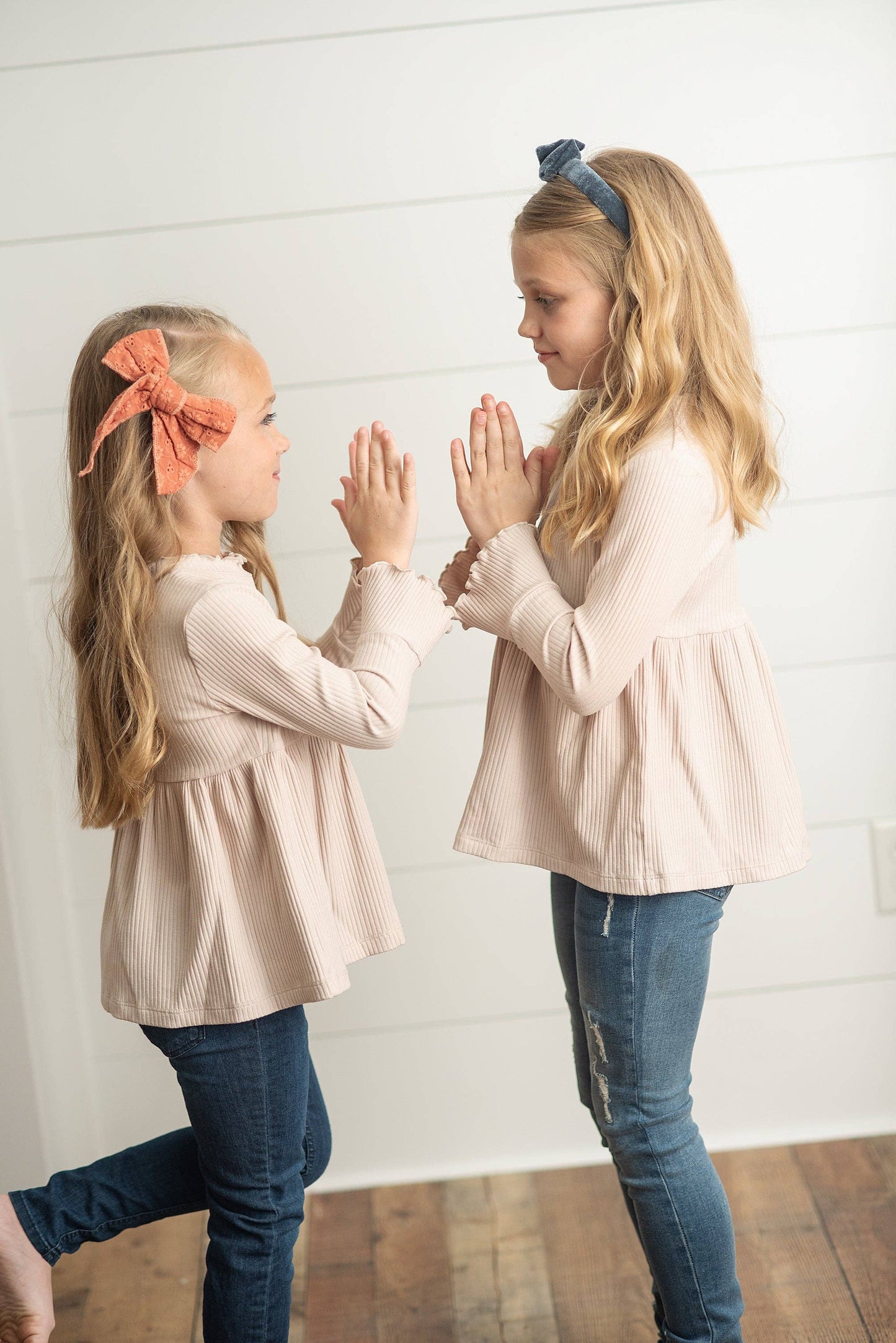 Kids Beige Ecru Long Sleeve Lettuce Trim Ribbed Fall Shirt