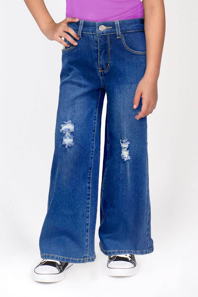 GDP-23-89137A Girl Wide Leg Denim Jeans w/ Distress