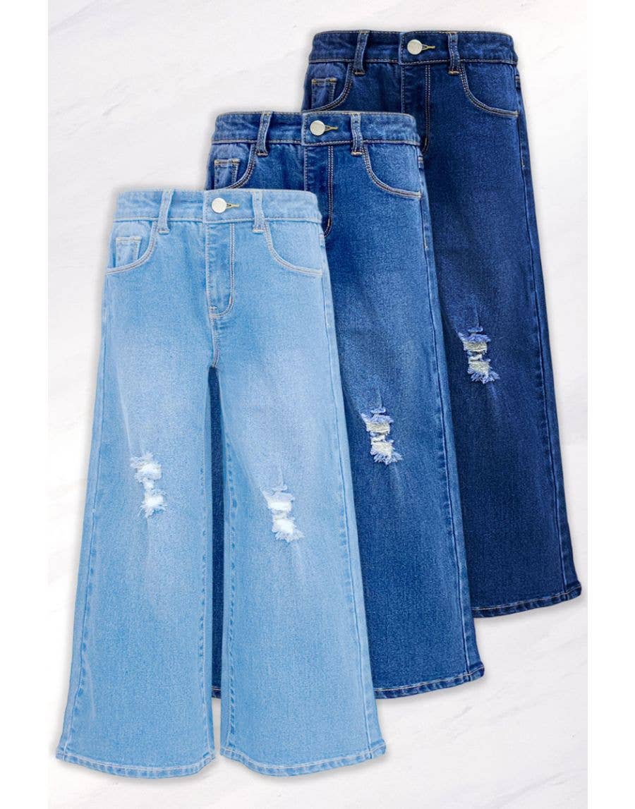 GDP-23-89137A Girl Wide Leg Denim Jeans w/ Distress