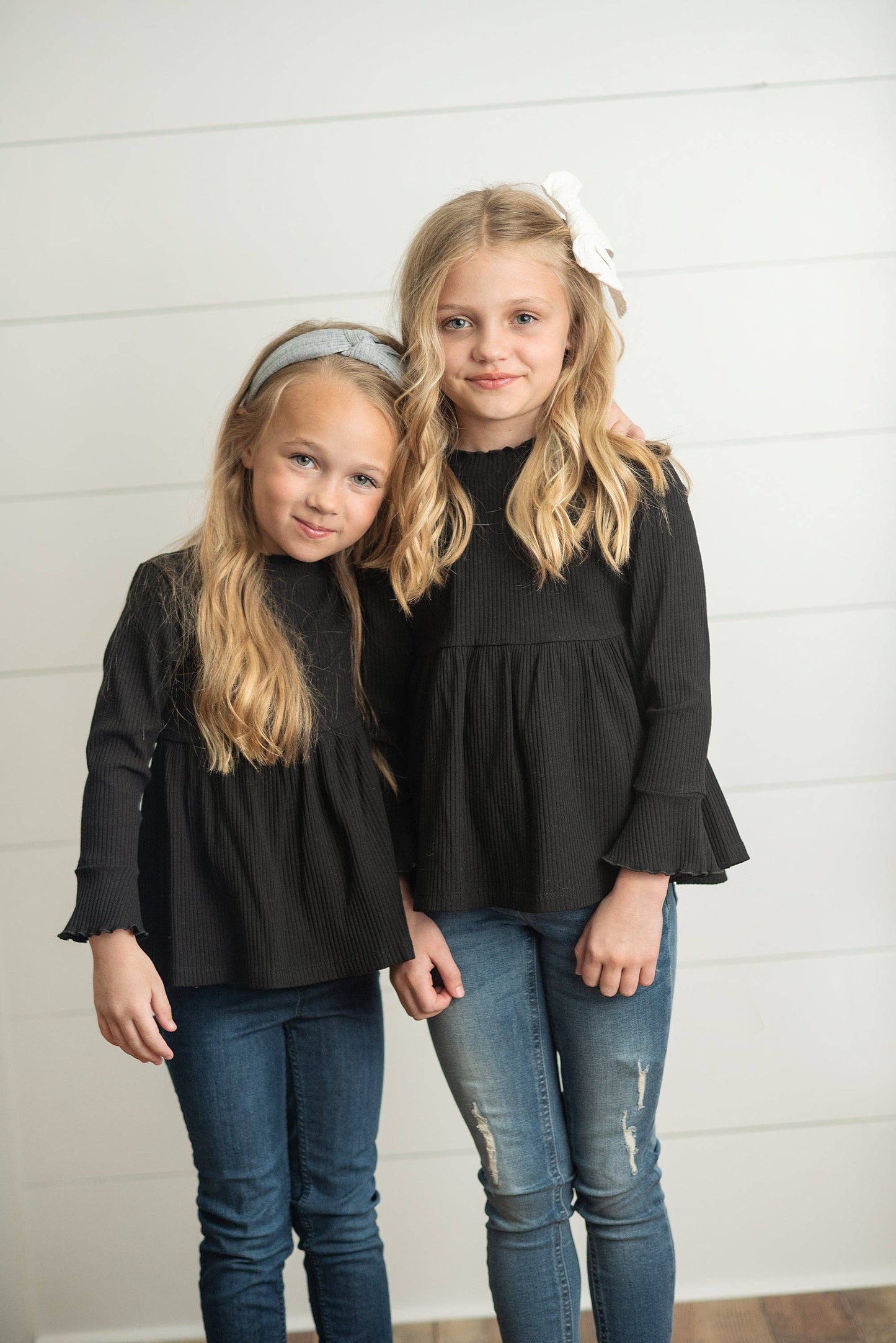 Kids Black Long Sleeve Lettuce Trim Ribbed Fall Winter Shirt