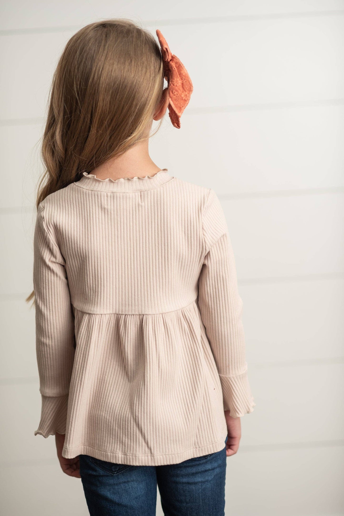 Kids Beige Ecru Long Sleeve Lettuce Trim Ribbed Fall Shirt