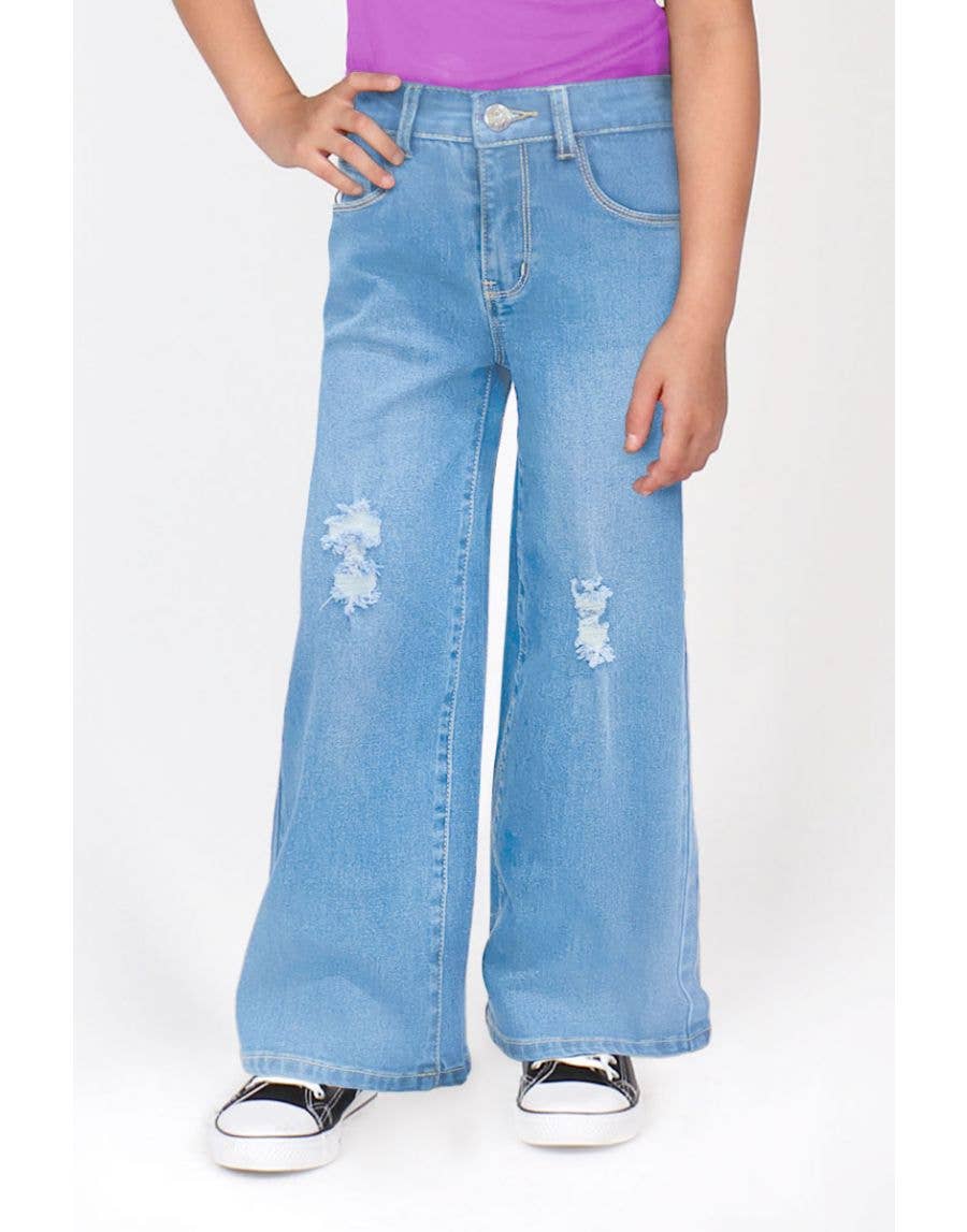 GDP-23-89137A Girl Wide Leg Denim Jeans w/ Distress