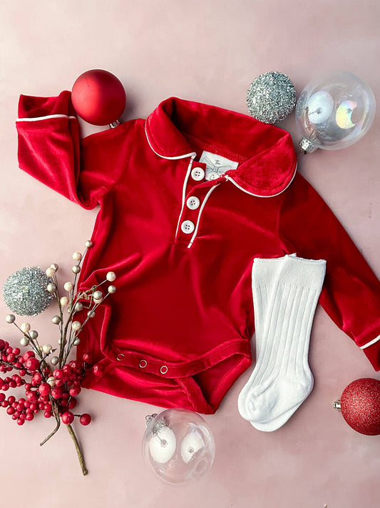 Classic Red Velvet Infant Boy’s Christmas Onesie Pajamas