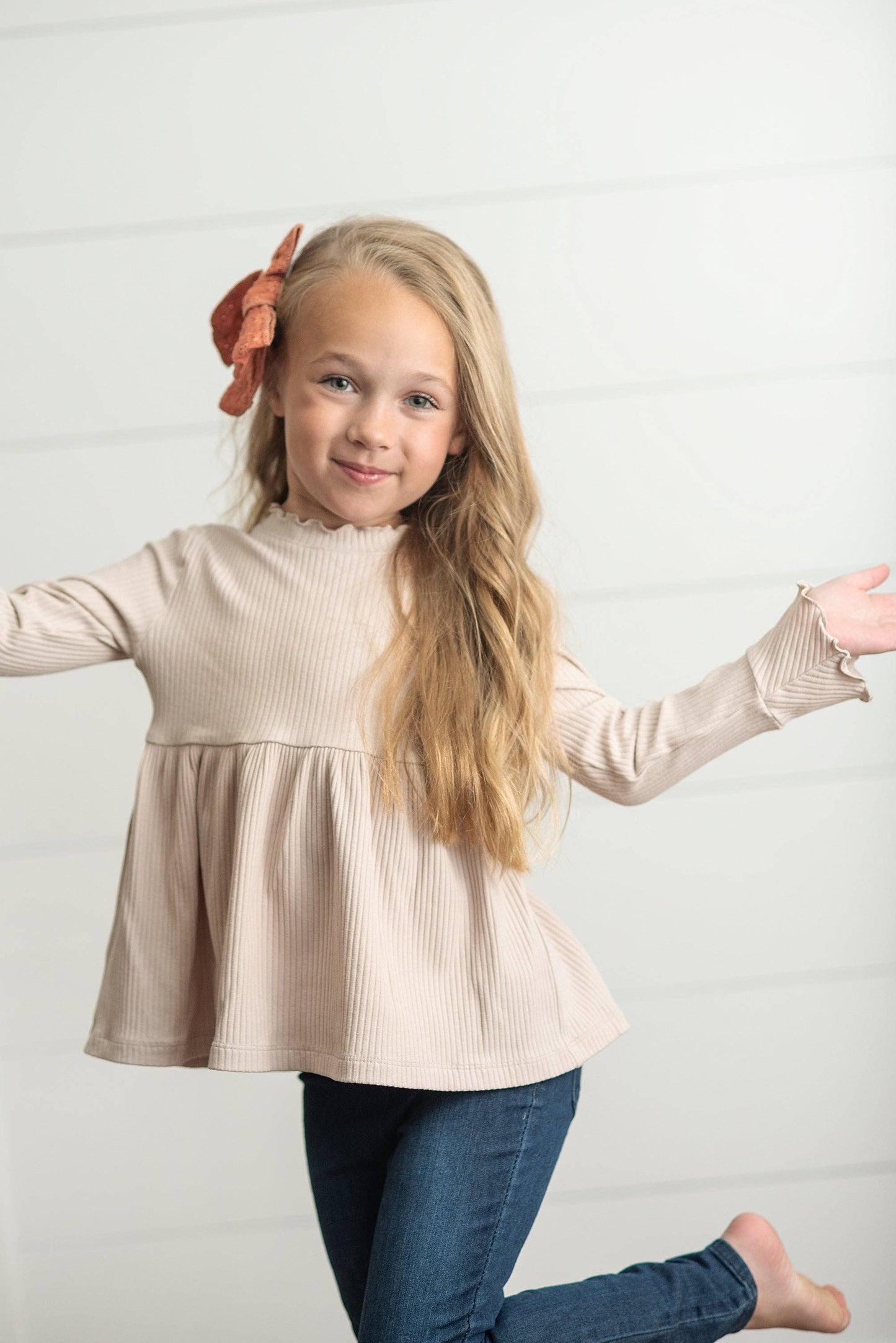 Kids Beige Ecru Long Sleeve Lettuce Trim Ribbed Fall Shirt